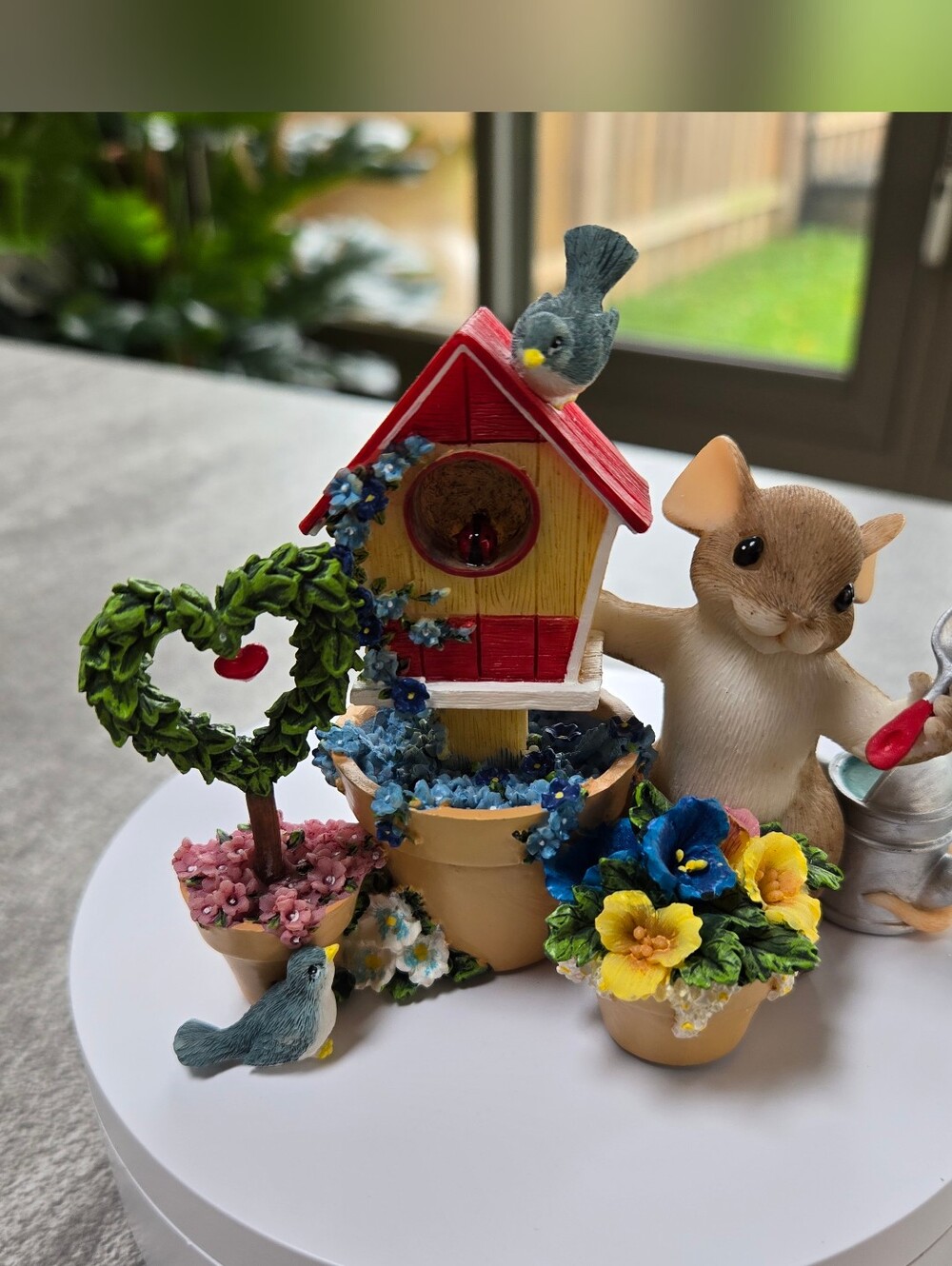 Fitz and Floyd Mouse with Red Roof Birdhouse and Blue-Yellow Flowers